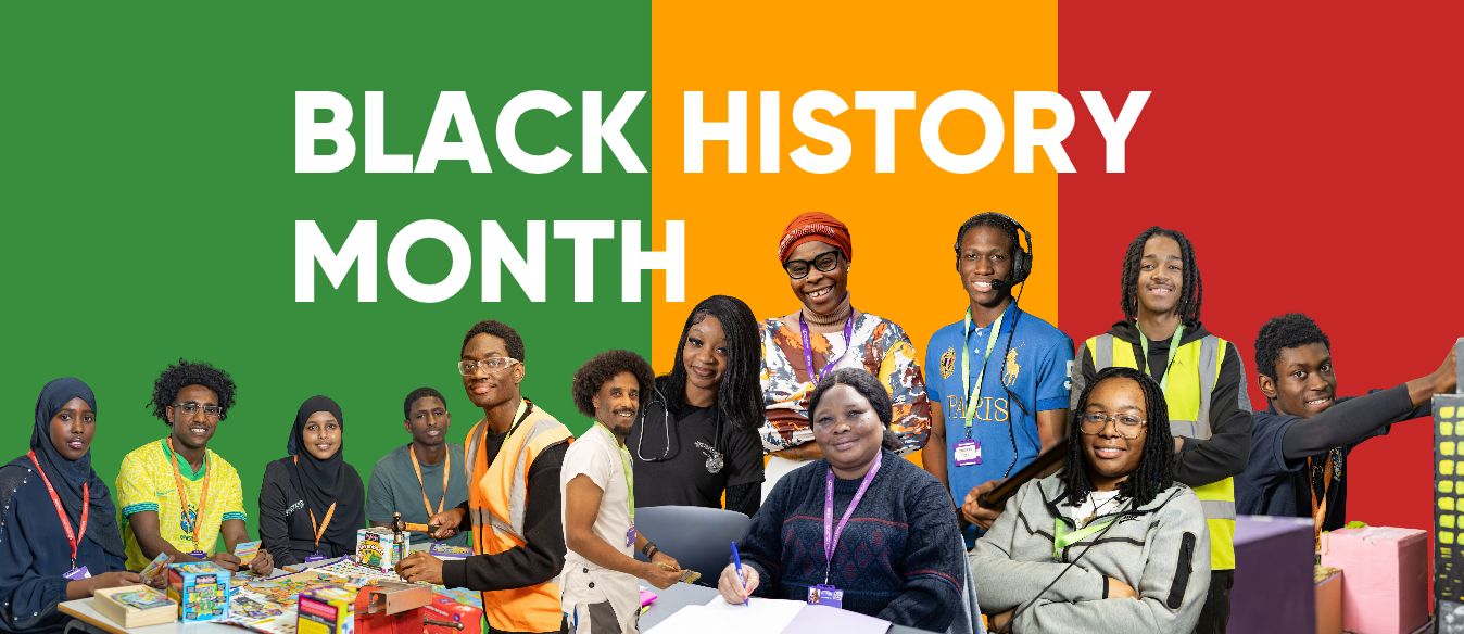 Banner celebrating Black History Month featuring diverse individuals engaged in various activities such as reading, playing basketball, and posing, set against a backdrop of the Pan-African flag colors.